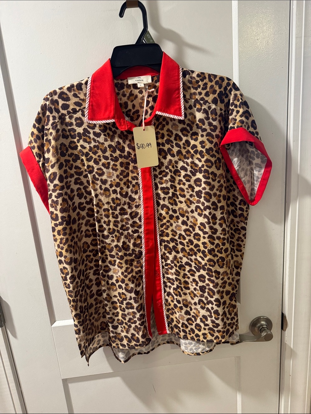 Leopard Print Shirt with Red Trim